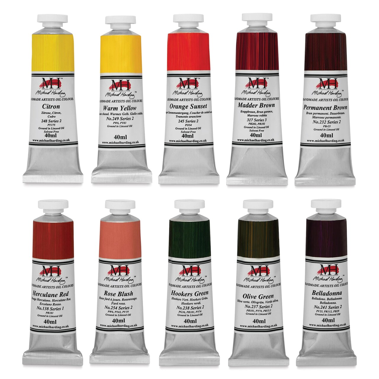Michael Harding Artists Oil Color - Set of 10, Whitechapel Colors, 40 ml Tubes